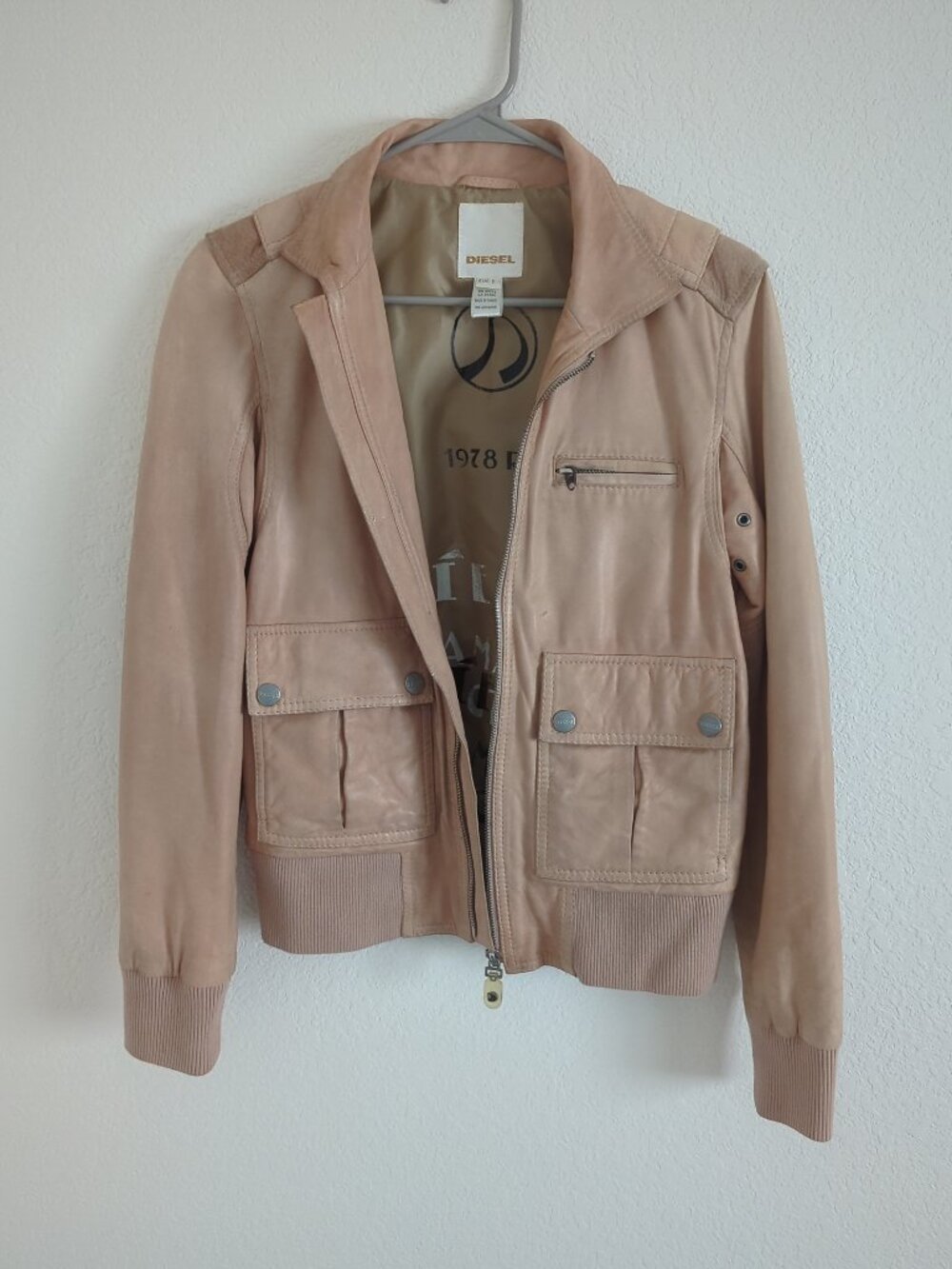 Vintage Diesel Damage Expectancy Peach Leather Bomber Jacket Y2K Small